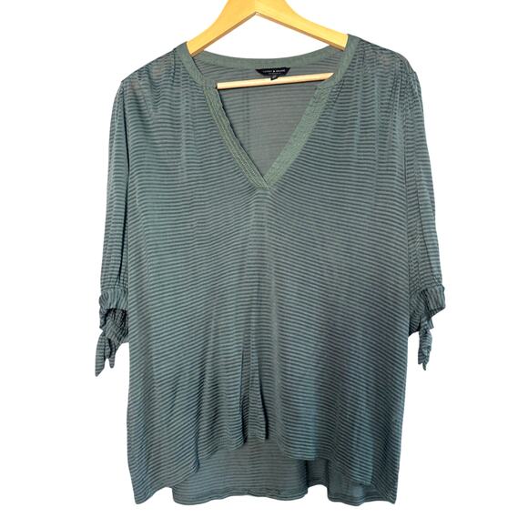 Lucky Brand Green Striped V-Neck Top Women’s Size Large Tie Sleeve - Picture 1 of 7